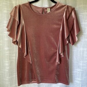 Evereve Allison Joy Women XS Pink Stretch Velvet Strong Ruffle Shoulder Top